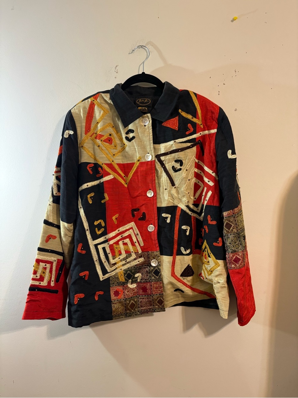 Julia Kim Jacket women’s large Abstract Patchwork Button embroidered jacket
